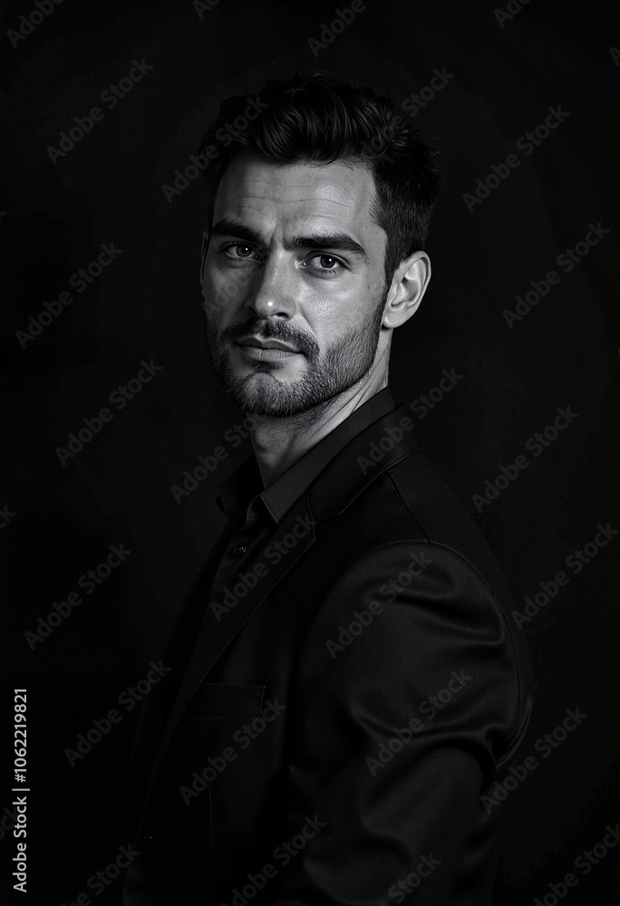 Fototapeta premium Dramatic Portrait in Monochrome Against Dark Background