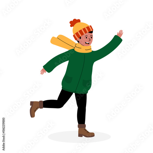 Cheerful child wearing winter attire happily skipping on a snowy day in a bright, playful setting