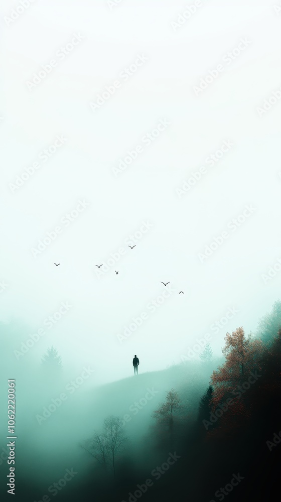 Distant Silhouette in Foggy Bay Landscape