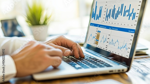 Business Professional Analyzing Data on a Laptop Screen Filled With Graphs and Charts During a Productive Work Session at an Office
