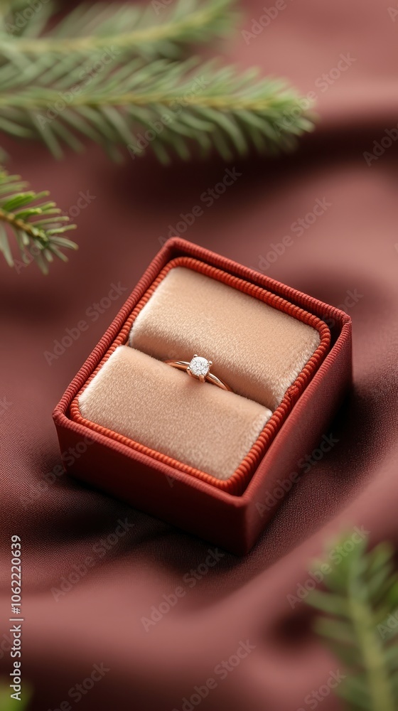 Elegant Diamond Ring in Velvet Box on Rich Burgundy Fabric Elegant Diamond Ring in Velvet Box on Rich Burgundy Fabric
