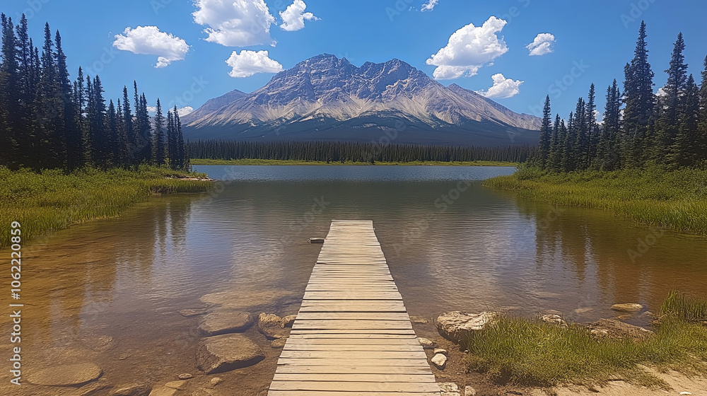 A Serene Wooden Dock Stretches Into a Clear Lake Surrounded by Lush Greenery and Majestic Mountains on a Sunny Day A Serene Wooden Dock Stretches Into a Clear Lake Surrounded by Lush Greenery and Majestic Mountains on a Sunny Day