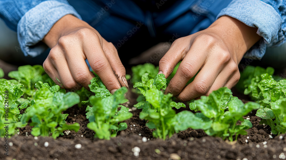 Nurturing Young Lettuce Plants in a Home Garden With Attentive Hands During Springtime Gardening Activity Nurturing Young Lettuce Plants in a Home Garden With Attentive Hands During Springtime Gardening Activity