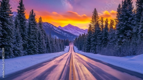 Road leading towards colorful sunrise between snow covered trees with epic milky way on the sky