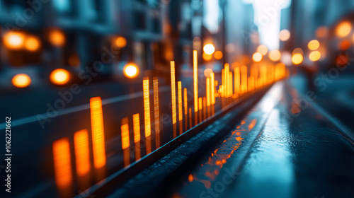 City Street With Vibrant Sound Wave Visualization at Night Along a Wet Pavement Reflecting Urban Lights and Colors