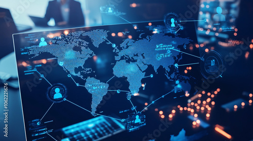 A digital map showing client satisfaction across various regions, with a professional team collaborating on customized CMR strategies for business expansion.  photo