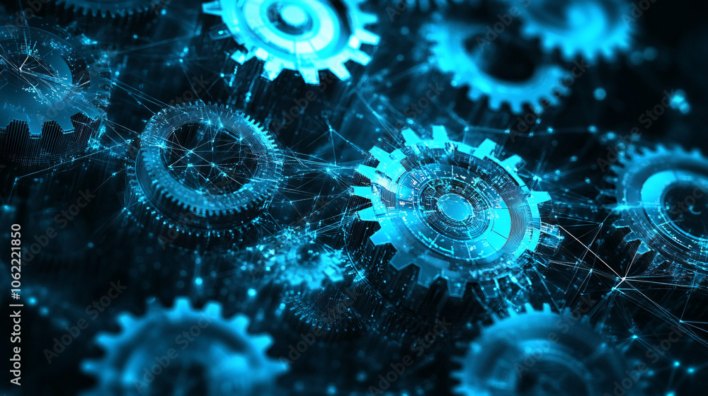 A digital network of interconnected gears, each rotating independently, symbolizing different departments of a company working in harmony for agility and efficiency. A digital network of interconnected gears, each rotating independently, symbolizing different departments of a company working in harmony for agility and efficiency.