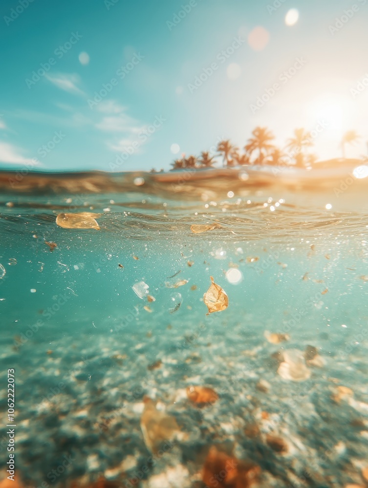 Marine Life in Clear Water with Floating Debris Marine Life in Clear Water with Floating Debris
