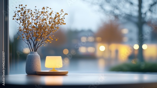 A cozy living room with warm lamplight spilling out onto a quiet residential street at night, creating a sense of peace and tranquility. photo