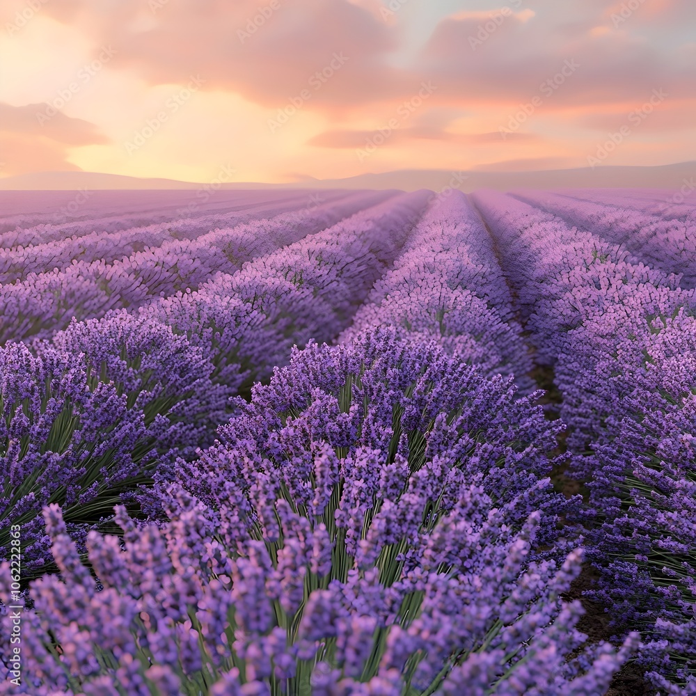 Obraz premium A breathtaking lavender field with endless rows of vibrant purple blossoms under a soft sunset sky, creating a serene and tranquil atmosphere.