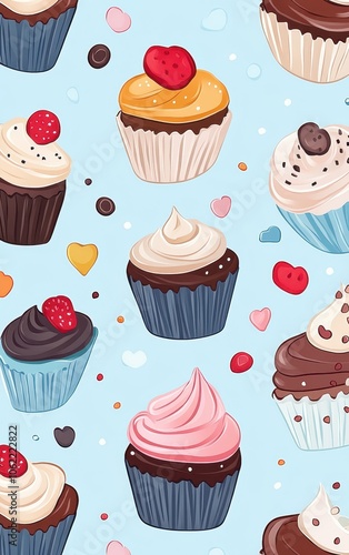 Cupcake Pattern on Blue Background 