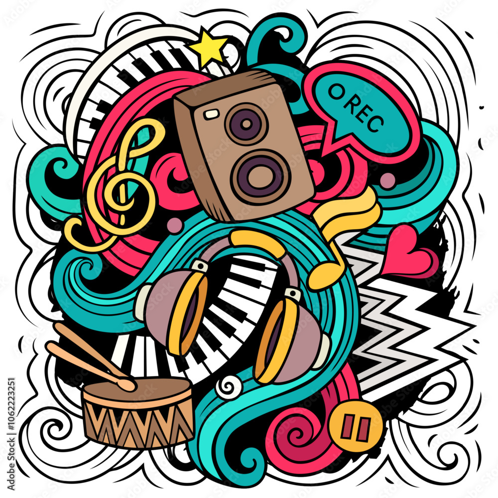 Music hand drawn vector doodles illustration. Musical poster design Music hand drawn vector doodles illustration. Musical poster design