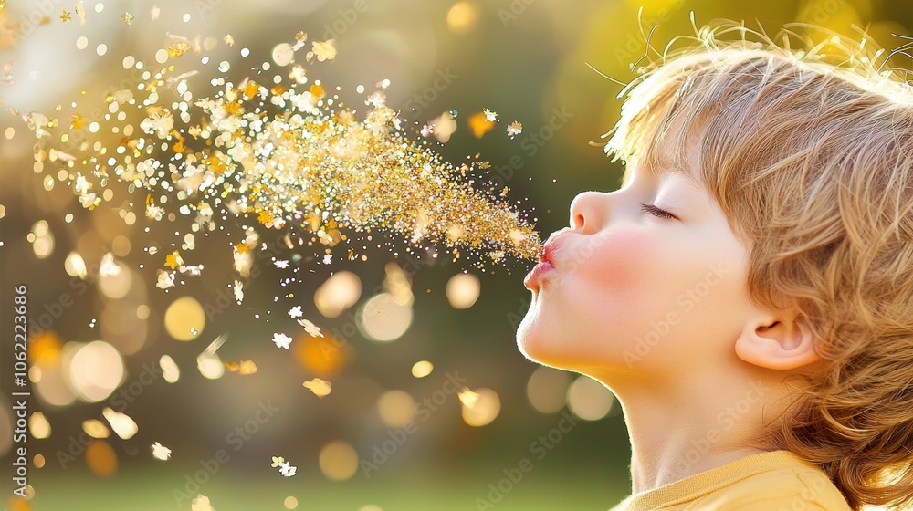 Fototapeta premium A child blowing on a handful of glitter, sending a cloud of shimmering particles into the air, capturing the joy and wonder of childhood.