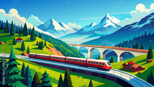 Red train traveling through swiss alps in springtime