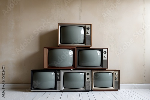 Creative abstract communication media and television business concept: stack or pile of old retro color wooden home TV receiver sets
