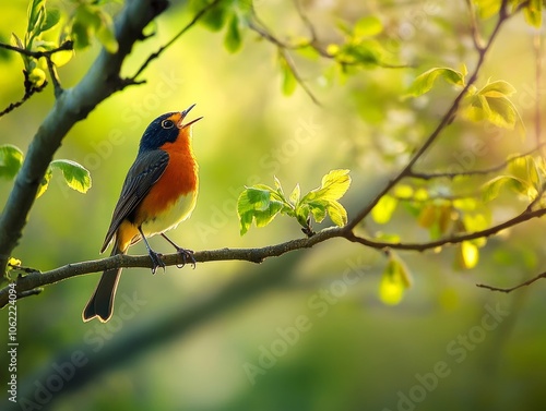 Bird singing on tree branch, focus on nature, springtime, and birdwatching, green foliage in background