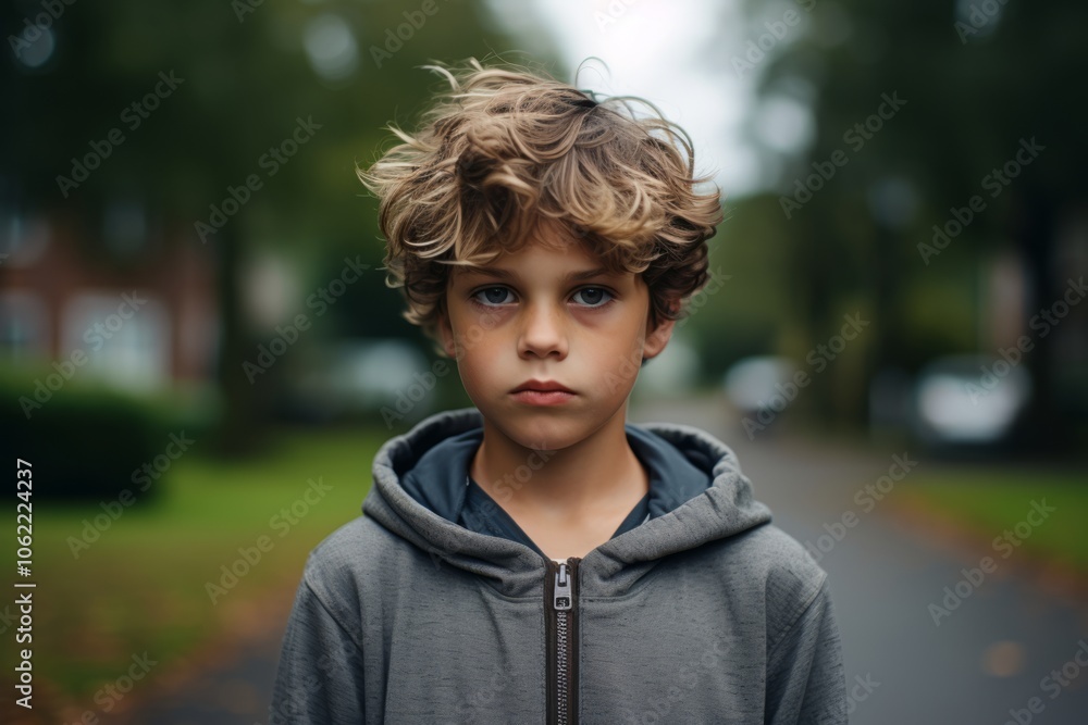 Portrait of a boy with blond curly hair in a gray sweatshirt on the street. Portrait of a boy with blond curly hair in a gray sweatshirt on the street.
