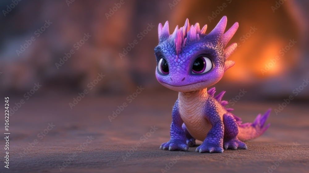 Obraz premium Dragon, mystical magical creature from fairy tales, magic, purple purple color, spikes and dragon skin. Cute cartoon character