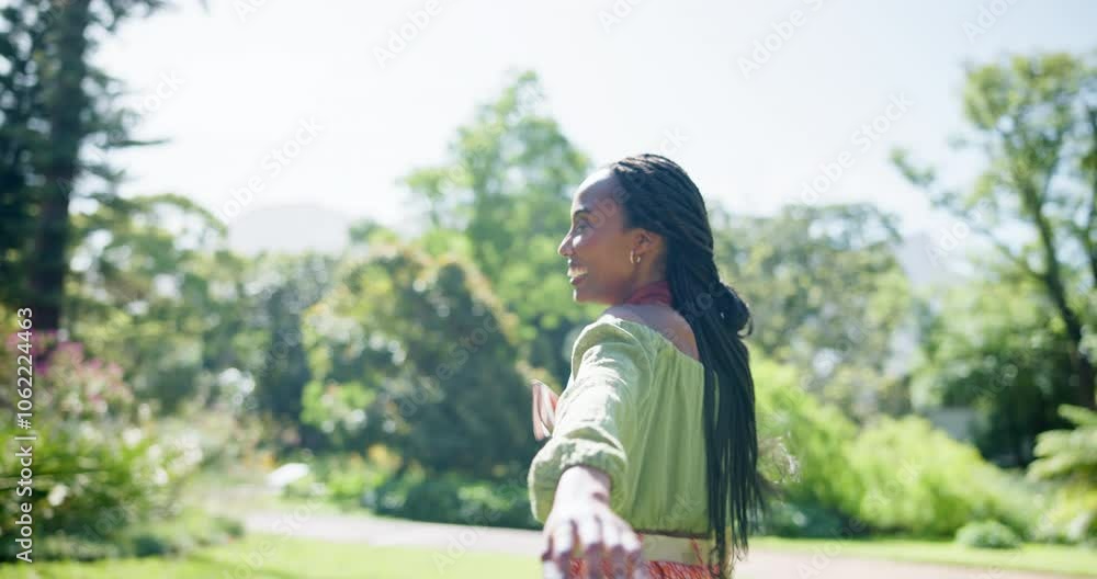 Happy black woman, run and follow hand outdoor on date, adventure or vacation invitation in portrait. Smile, pov and girl leading on holiday, trip or tourist in garden for hiking or travel in Kenya Happy black woman, run and follow hand outdoor on date, adventure or vacation invitation in portrait. Smile, pov and girl leading on holiday, trip or tourist in garden for hiking or travel in Kenya