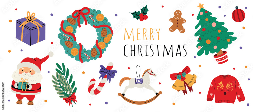 Merry Christmas and Happy New Year! 2025. Vector banner with Christmas tree, Santa, wreath, bells, gift, sweater, sweets. Cute illustration on white isolated background. Merry Christmas and Happy New Year! 2025. Vector banner with Christmas tree, Santa, wreath, bells, gift, sweater, sweets. Cute illustration on white isolated background.
