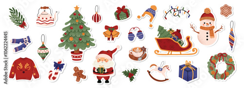 Christmas vector stickers collection with Santa, snowman, decorated tree, cozy sweater, wreath, presents, and holiday decorations. Winter elements for scrapbooking. Hand drawn style. White background.