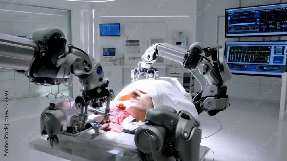 Advanced robotics performing precision surgery in a high-tech medical lab (no people). Advanced robotics performing precision surgery in a high-tech medical lab (no people).