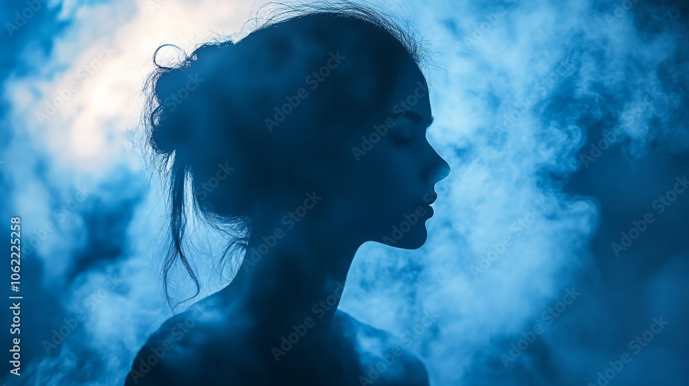 Silhouette of a woman's face in blue smoke. Silhouette of a woman's face in blue smoke.