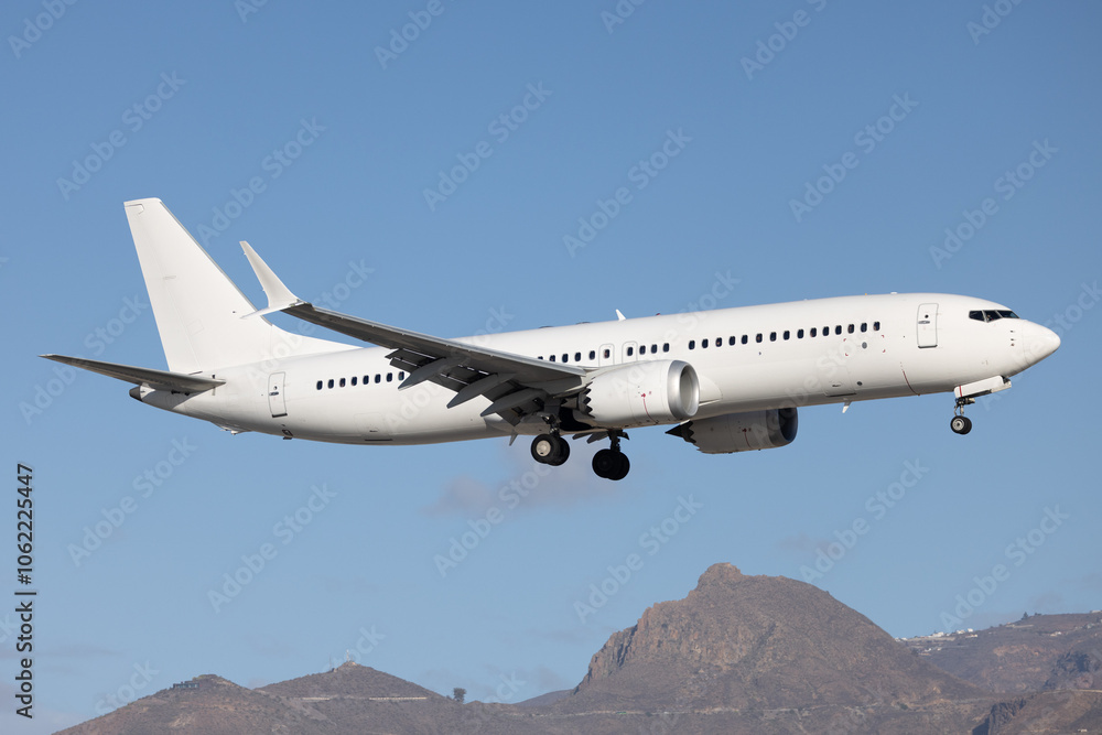 White modern airliner landing at airport. White modern airliner landing at airport.