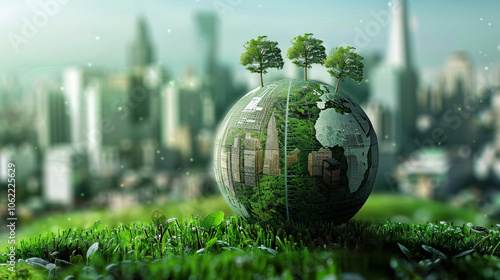 Conceptual image of a globe blending urban structures and nature, symbolizing sustainable cities, green living, and environmental conservation