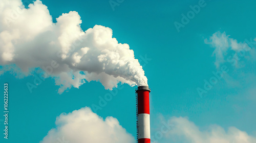 Industrial chimney releasing heavy smoke into a clear blue sky, highlighting issues of air pollution, climate change, and environmental impact