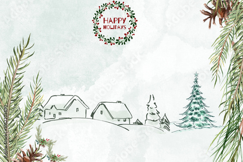 A serene winter scene with snow-covered houses, pine trees, and a wreath with the message 