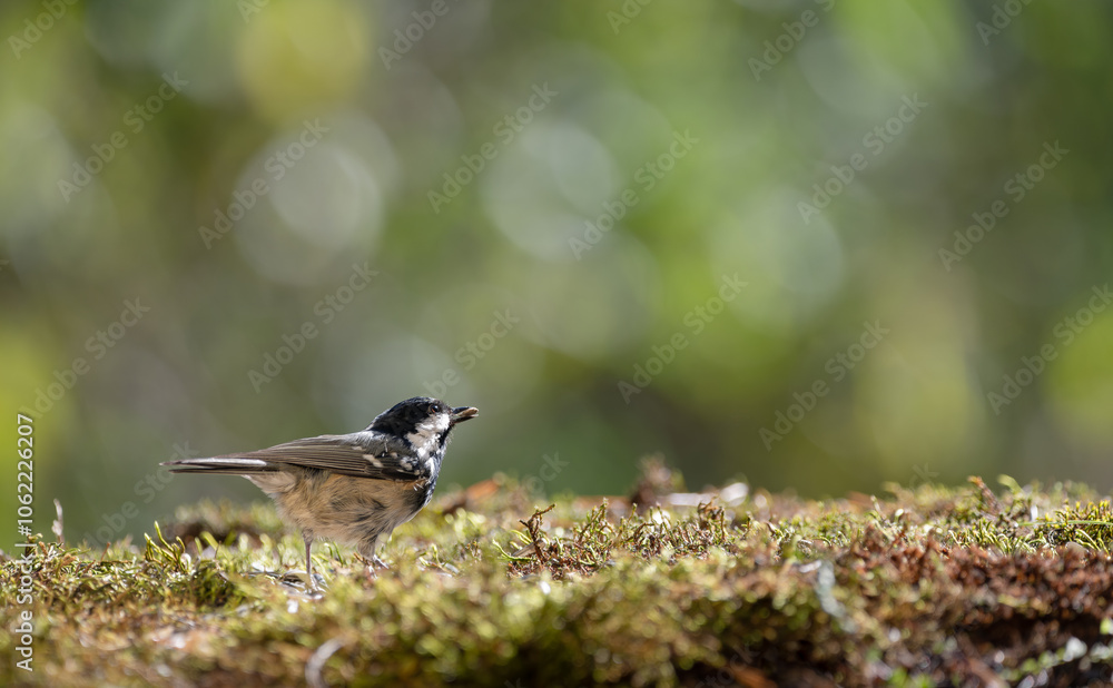 Naklejka premium Coal tit with a seed in its beak, resting on the ground in the autumn sunlight with bokeh bacground