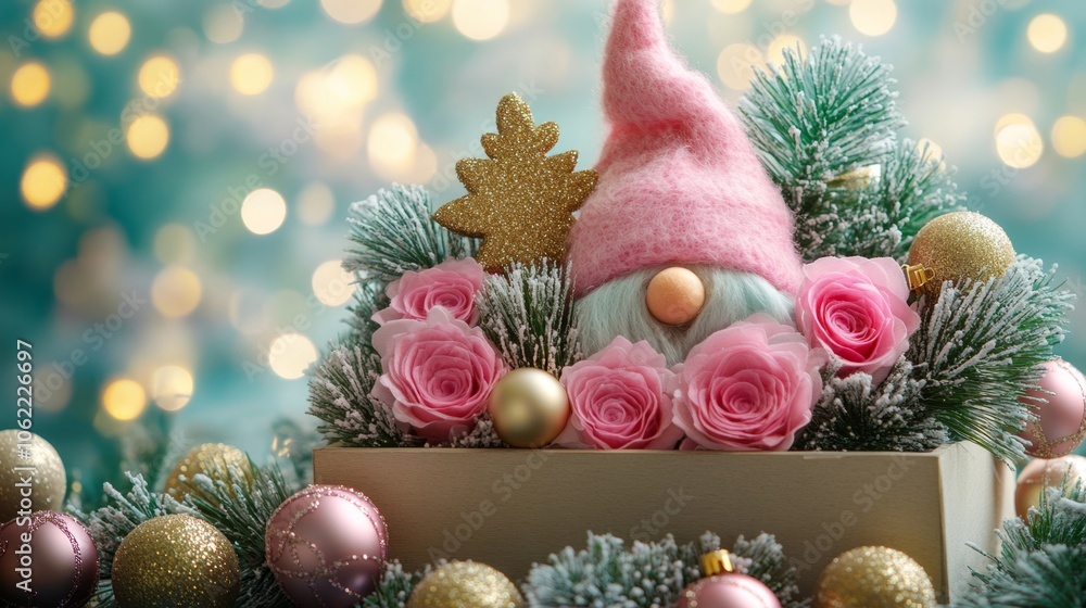 Fototapeta premium Cute gnome surrounded by fir branches and flowers. Festive, cozy Christmas atmosphere with bright pink accents.