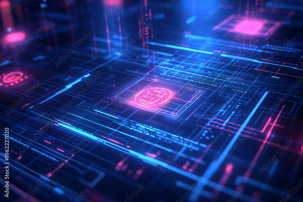 vibrant neon circuit board with glowing pink and blue elements forming a futuristic high-tech abstract pattern
vibrant neon circuit board with glowing pink and blue elements forming a futuristic high-tech abstract pattern