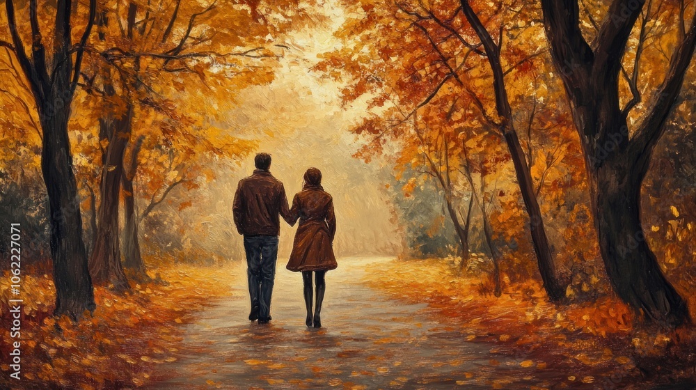 Couple Walking Through Autumn Forest Couple Walking Through Autumn Forest