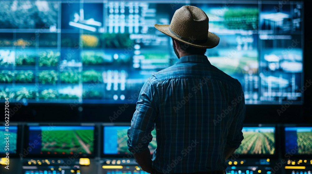 A farmer in a control room, adjusting real-time data on crop growth and market trends, symbolizing agility in agricultural business decisions. A farmer in a control room, adjusting real-time data on crop growth and market trends, symbolizing agility in agricultural business decisions.