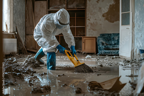 In a professional scene post-flood, a person in protective gear diligently cleans a muddy and debris-filled house, scrubbing the floor with heavy-duty tools to restore cleanliness and order
