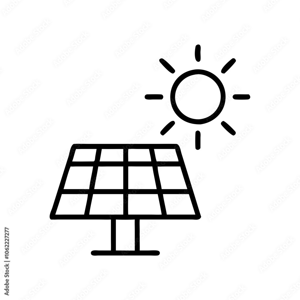 Minimalist icon of solar energy, black outline, modern design featuring a solar panel and sun Minimalist icon of solar energy, black outline, modern design featuring a solar panel and sun