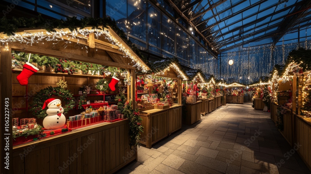 Naklejka premium Traditional Christmas market Stalls with sweets, mulled wine, Christmas decorations and gifts decorated with garlands and lights.