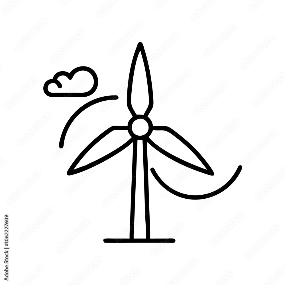 Minimalist icon of wind energy, black outline, modern design featuring a wind turbine and cloud Minimalist icon of wind energy, black outline, modern design featuring a wind turbine and cloud