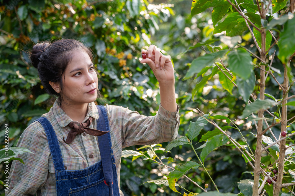 Farmer harvesting cherry coffee beans from coffee trees and placing them in baskets for processing. Farmer harvesting cherry coffee beans from coffee trees and placing them in baskets for processing.