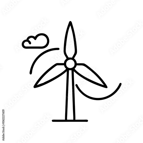 Minimalist icon of wind energy, black outline, modern design featuring a wind turbine and cloud