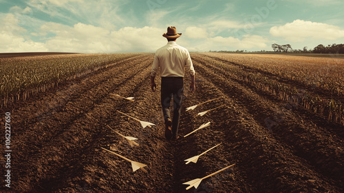 A farmer walking through a field with arrows around him, representing flexibility and quick adjustments to crop rotation strategies based on market conditions. 