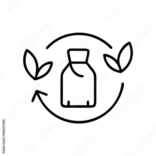 Minimalist icon of zero waste, black outline, modern design featuring a reusable bottle and leaves in a recycling cycle