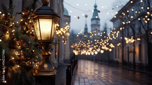 Traditional Christmas market Stalls with sweets, mulled wine, Christmas decorations and gifts decorated with garlands and lights.