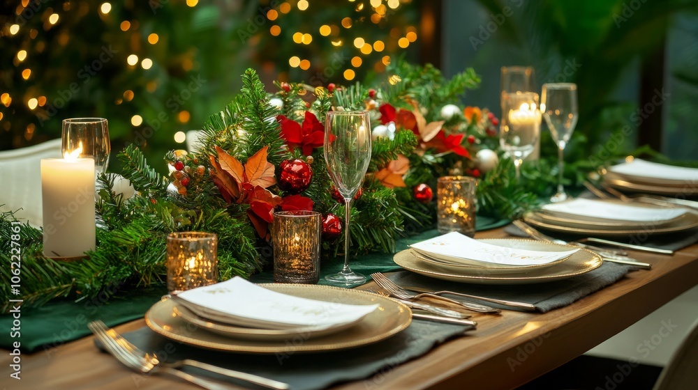 A beautifully decorated table setting for a holiday dinner with greenery, candles, and festive accents. A beautifully decorated table setting for a holiday dinner with greenery, candles, and festive accents.