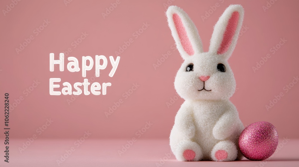 Obraz premium Glittery Happy Easter text with sparkling bunny and egg illustrations against a pastel pink background joyful holiday message 