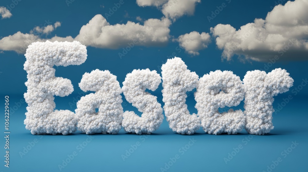 Fototapeta premium Soft, fluffy Easter word formed from white clouds against a bright blue sky symbolizing lightness and joy of spring 