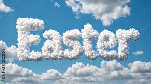 Soft, fluffy Easter word formed from white clouds against a bright blue sky symbolizing lightness and joy of spring  photo