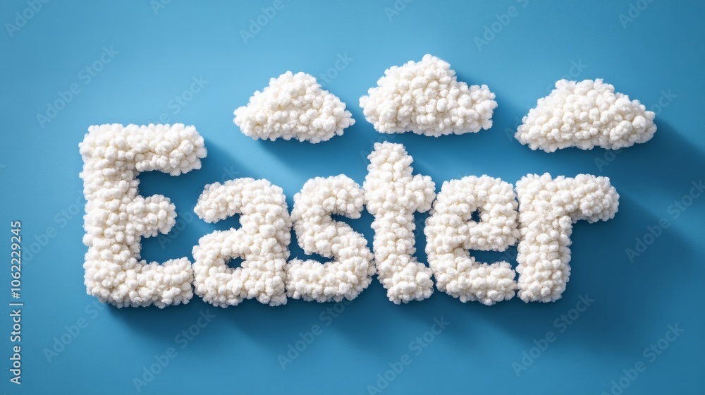 Naklejka premium Soft, fluffy Easter word formed from white clouds against a bright blue sky symbolizing lightness and joy of spring 